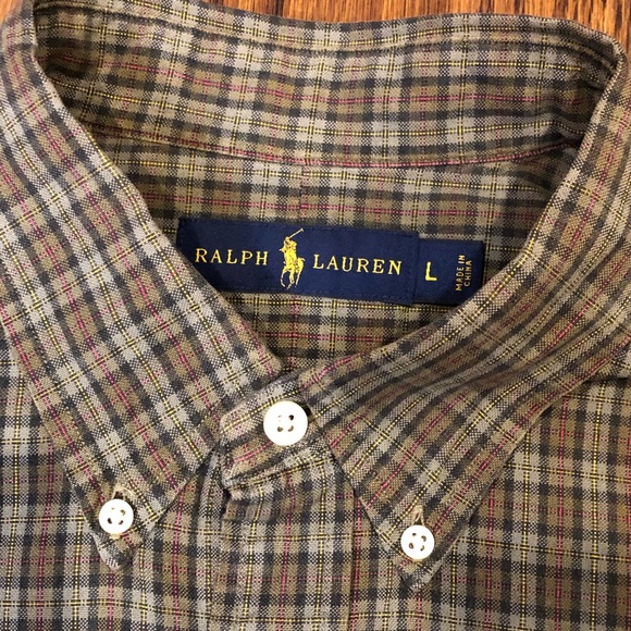 RALPH LAUREN Long Sleeve Olive Green Plaid Button Down Dress Shirt Sz Large - Picture 6 of 12